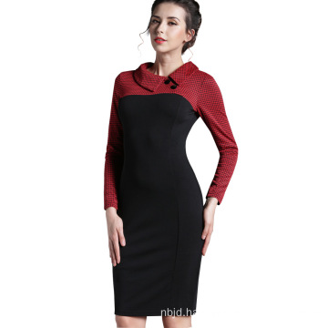 Winter Dress Sleeve Patch Complete Turn Down Collar Button Business Pencil Sheath Dress